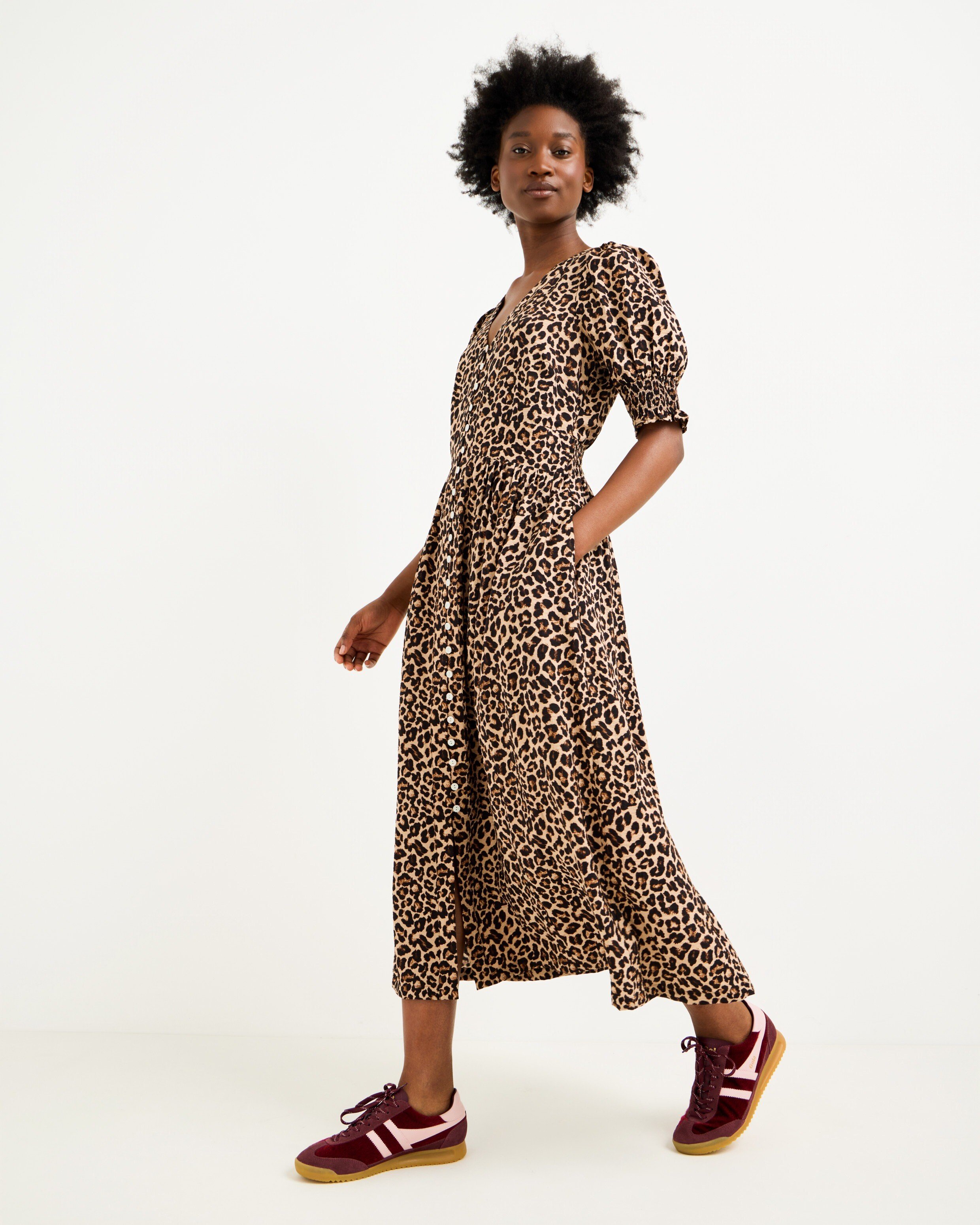 amber brown leopard print midi dress V-Neck Halterneck dress