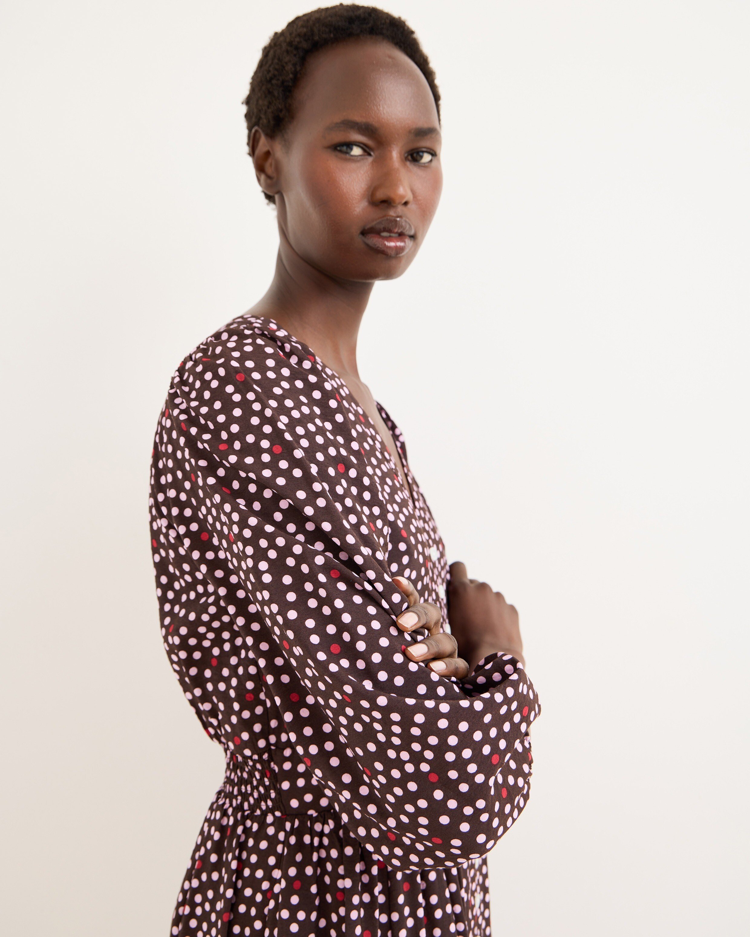 Brown & Pink Polka Dot V-Neck Midi Dress | Oliver Bonas