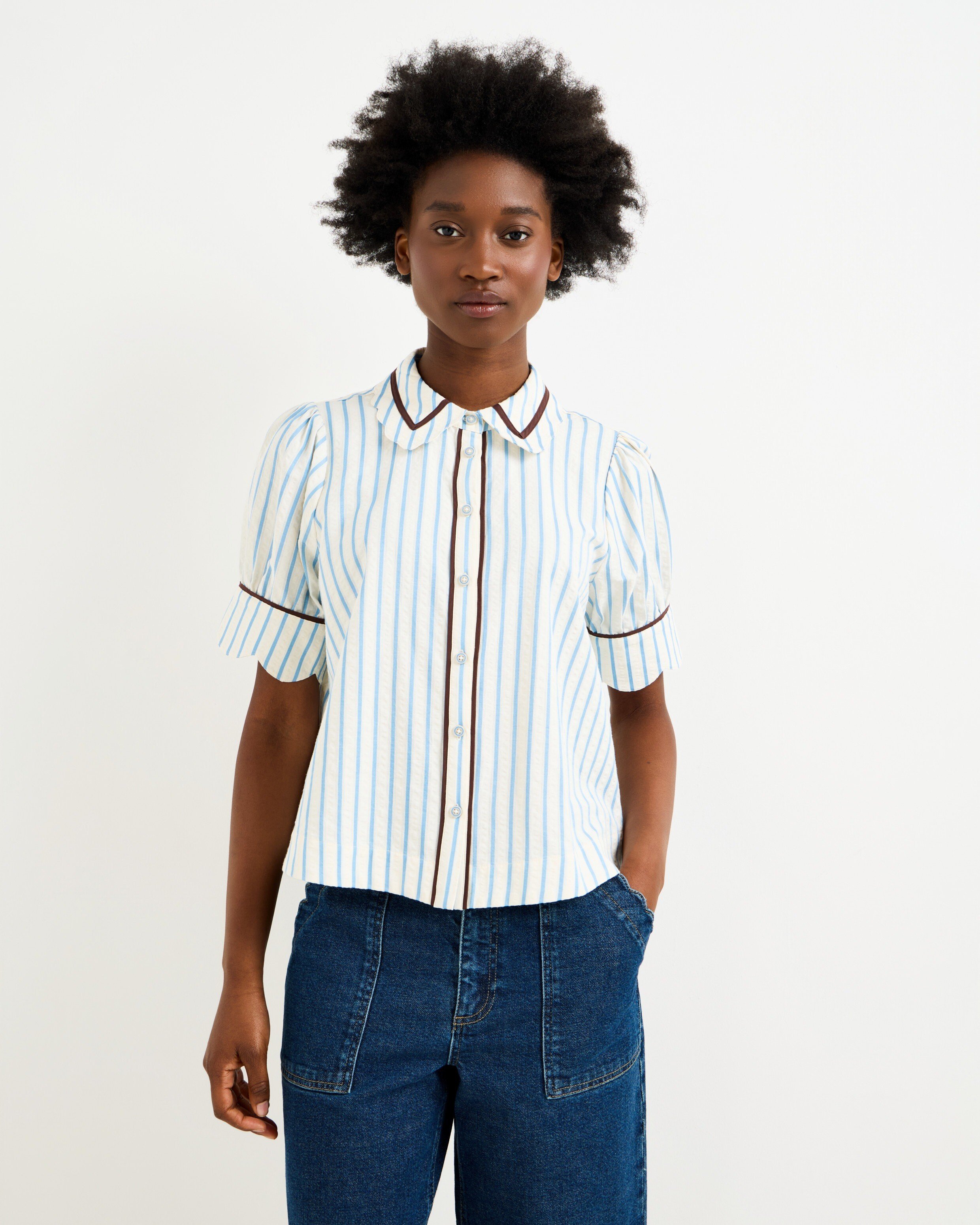 White & Blue Striped Scalloped Collar Shirt | Oliver Bonas