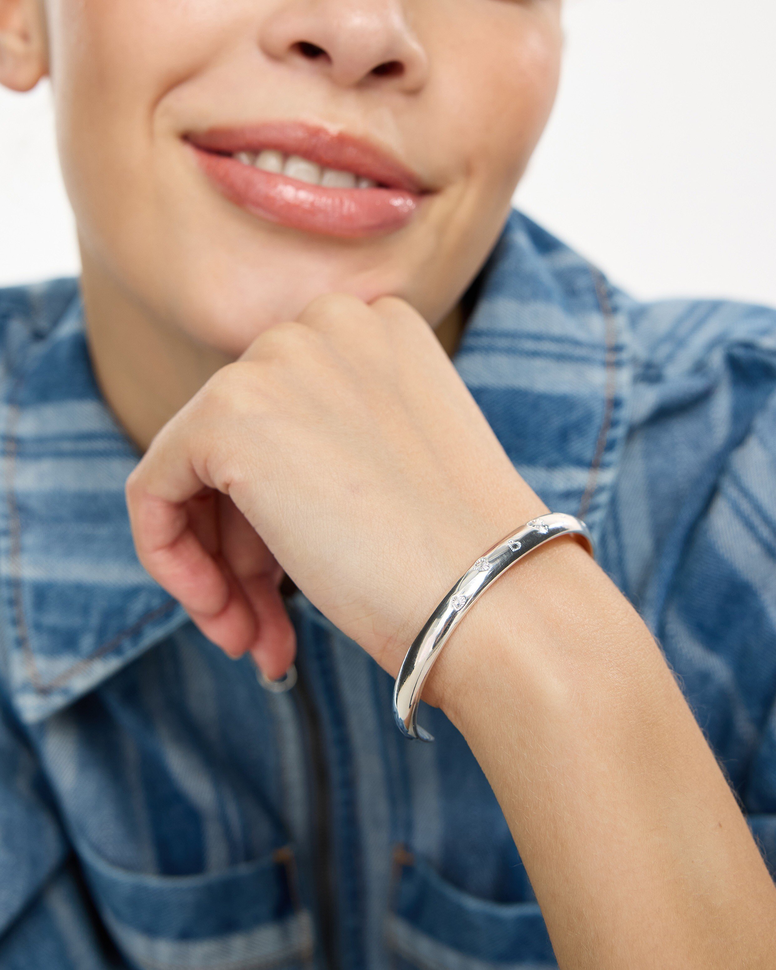 Priya Engraved Heart Silver Plated Cuff Bangle | Oliver Bonas