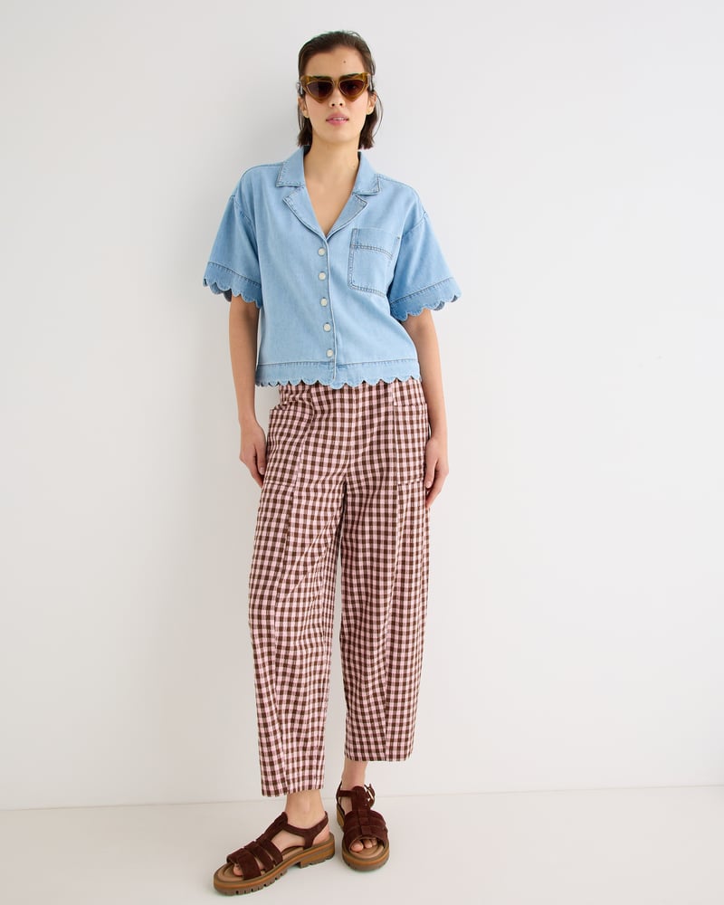 Pink & Brown Gingham Cotton Cropped Tapered Trousers | Oliver Bonas