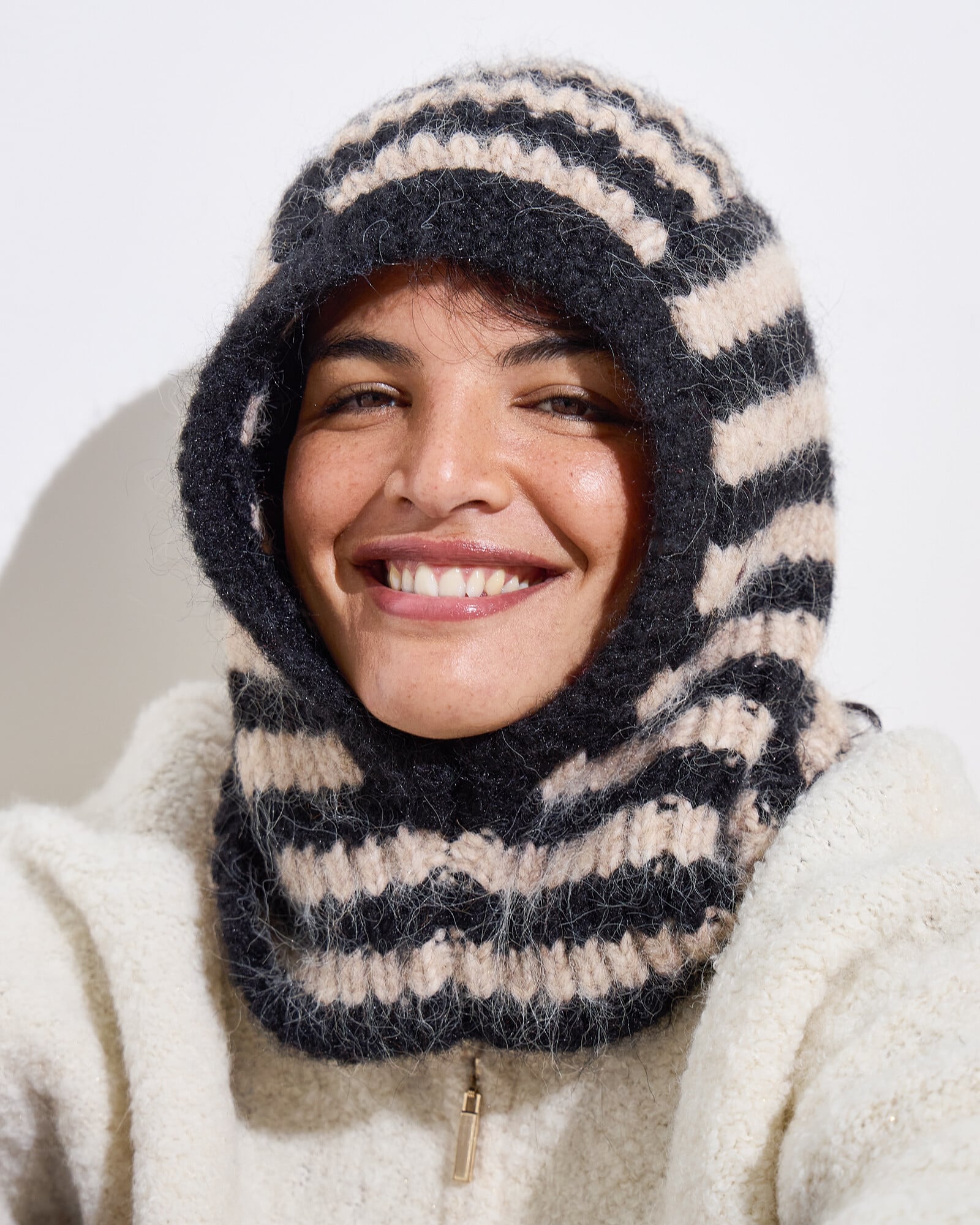 Black Striped Fluffy Knitted Hood | Oliver Bonas