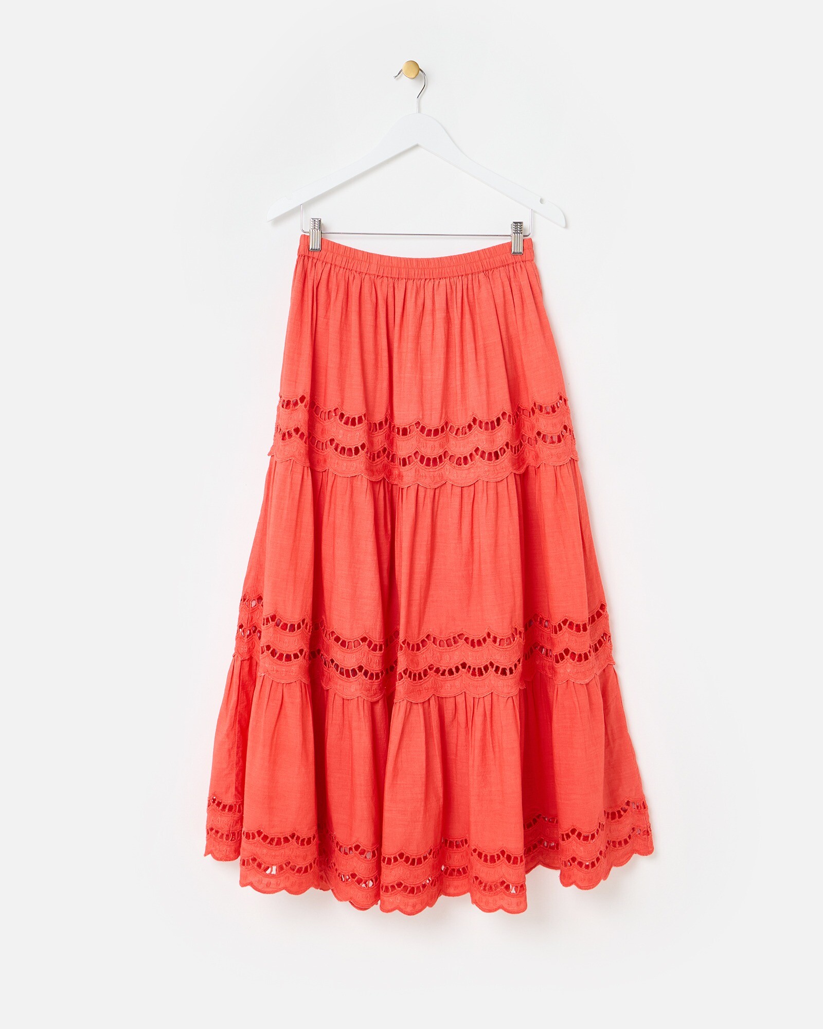 Coral Orange Scalloped Cutwork Tiered Cotton Midi Skirt | Oliver Bonas