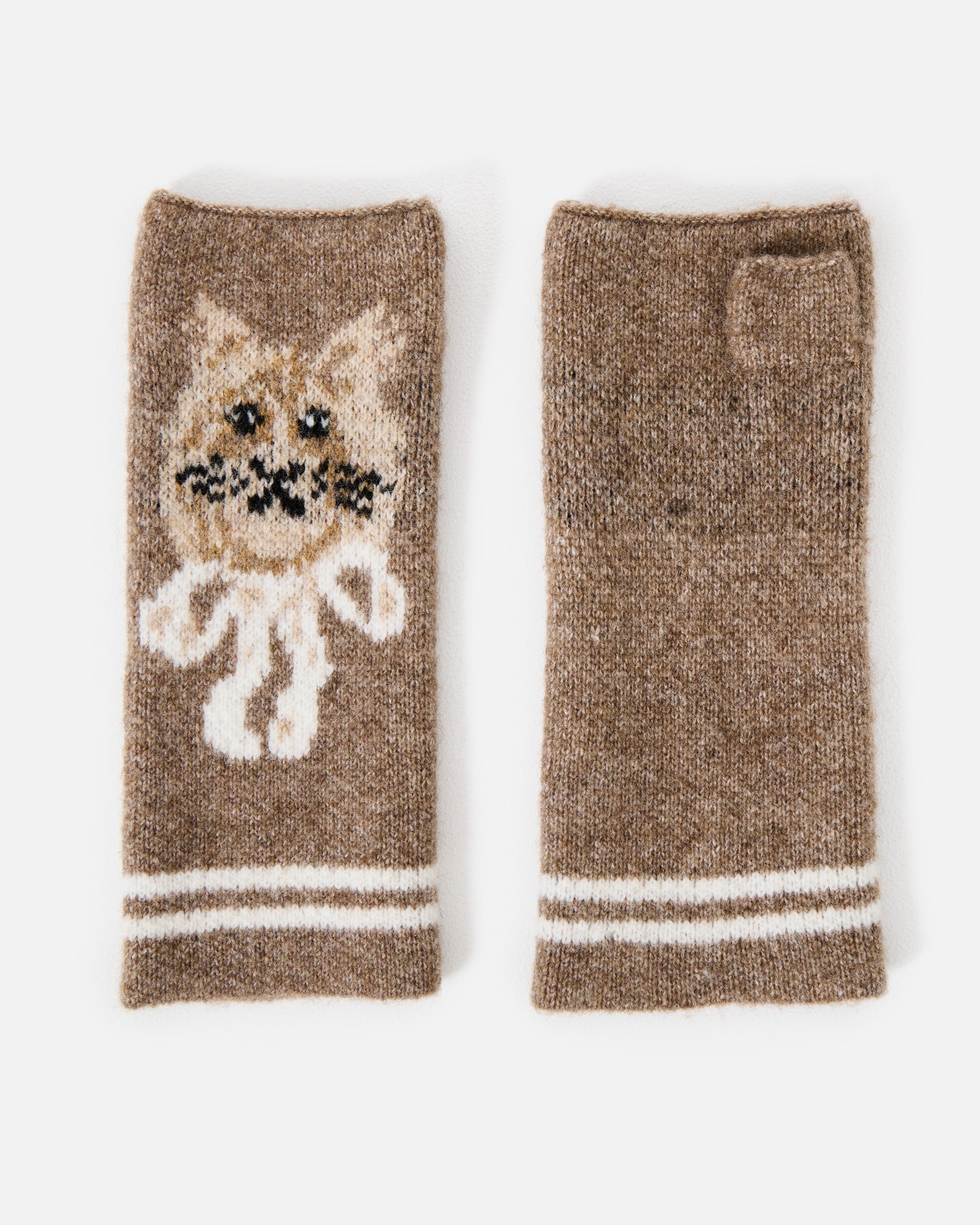 Mocha Brown Cat Knitted Fingerless Gloves | Oliver Bonas
