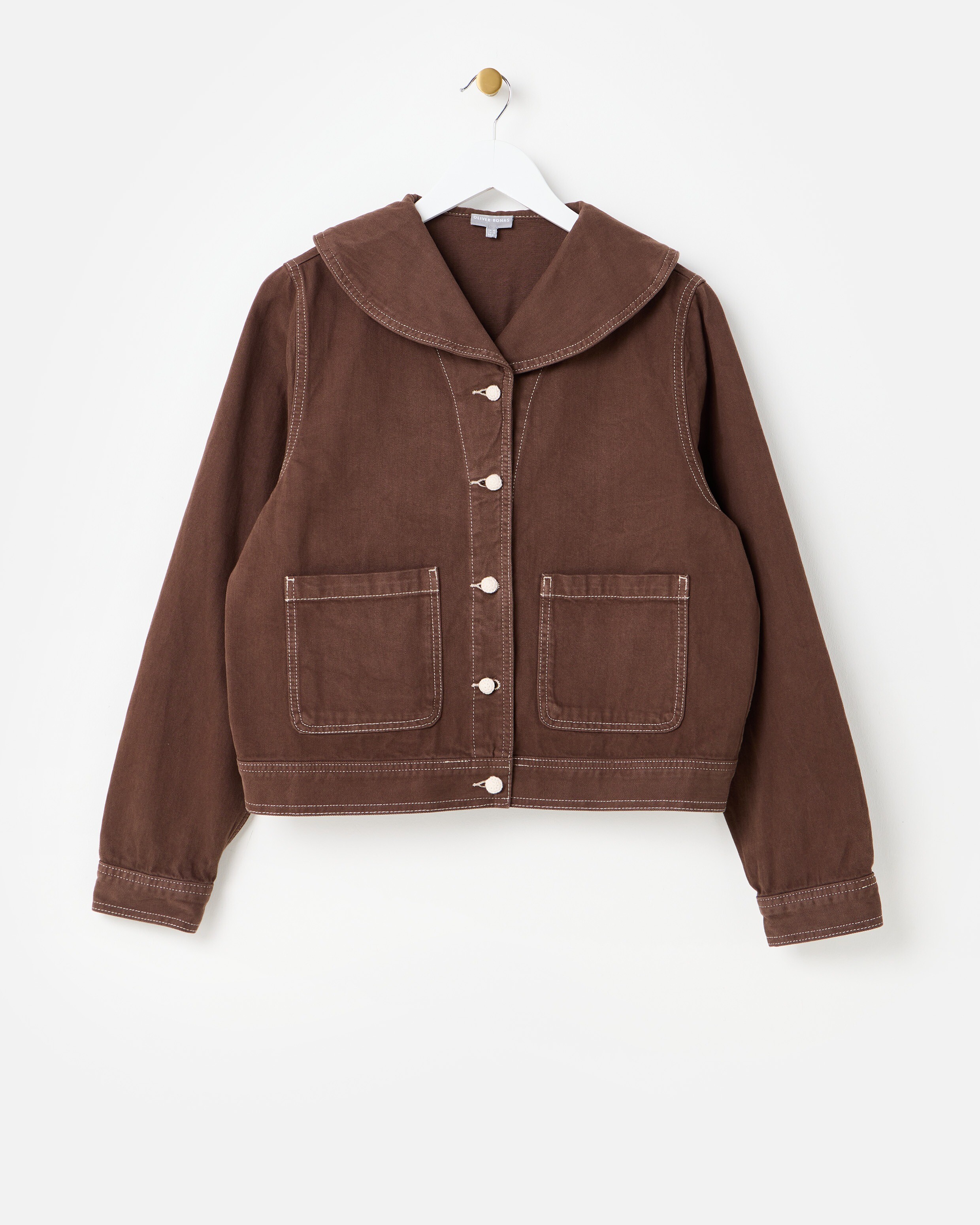 Chocolate Brown Sailor Collar Denim Jacket | Oliver Bonas