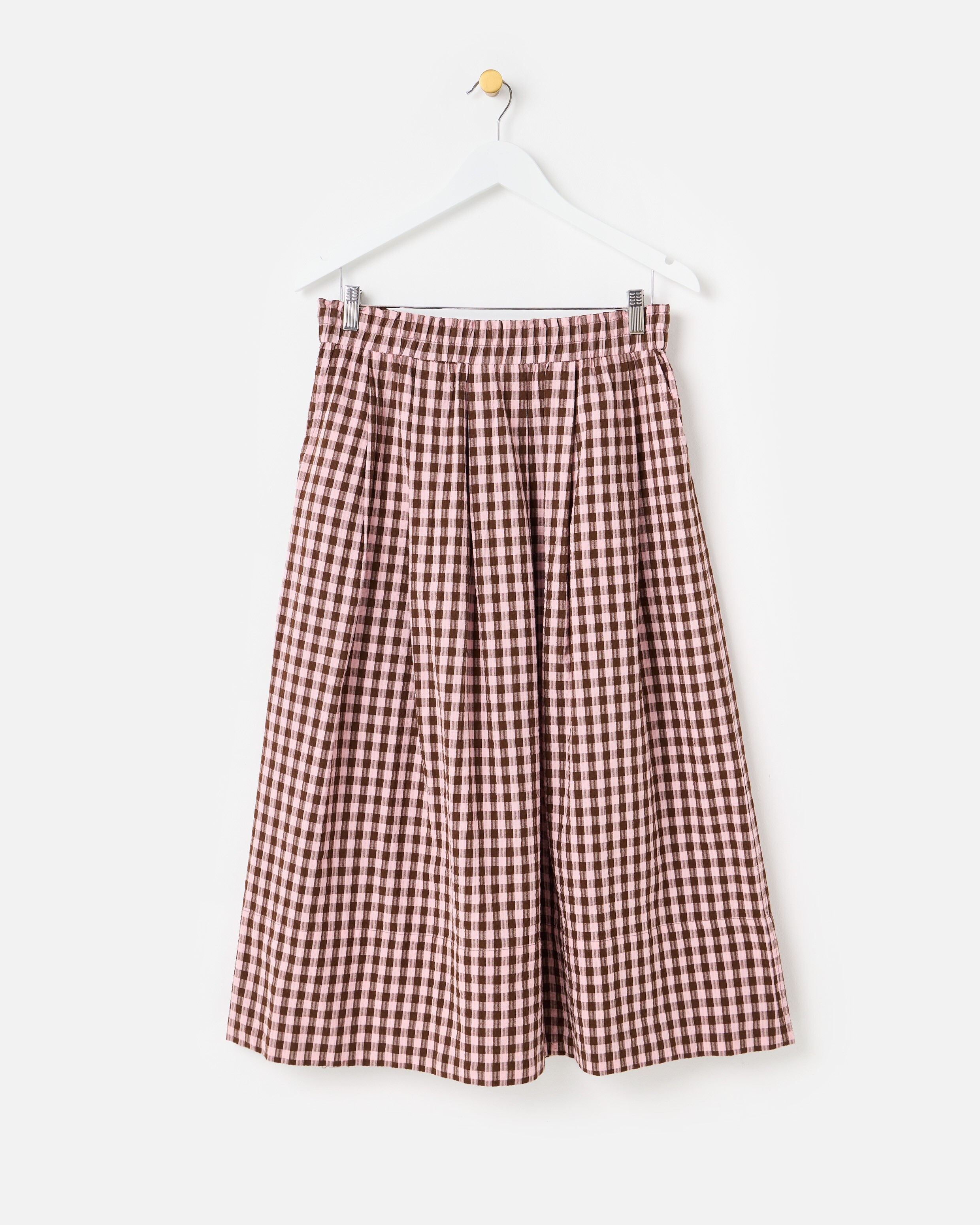 Pink & Brown Gingham Elasticated Waist Cotton Midi Skirt | Oliver