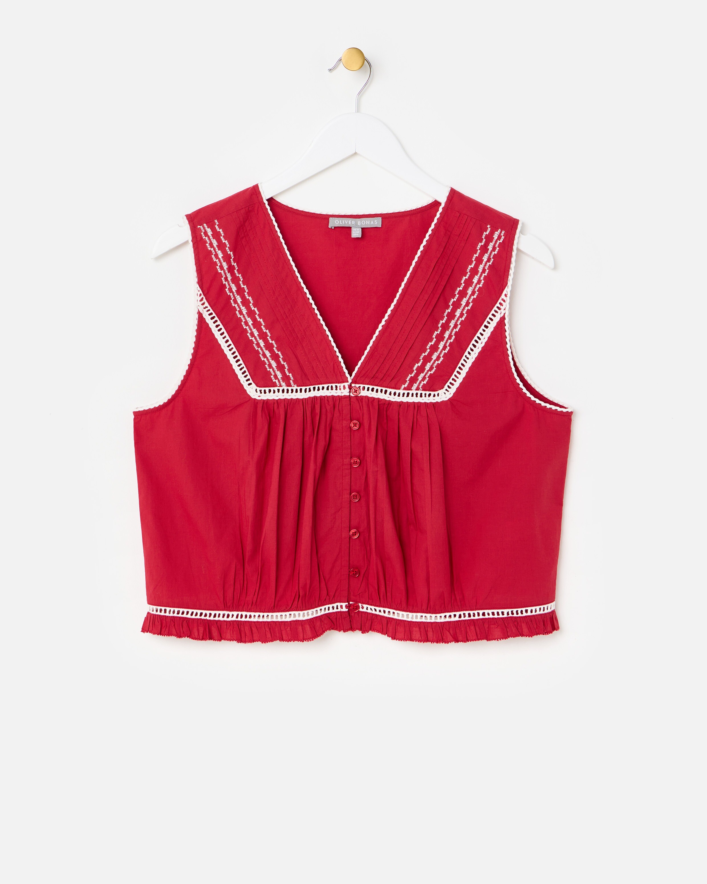 Red Embroidered Button Up Cotton Vest Top | Oliver Bonas