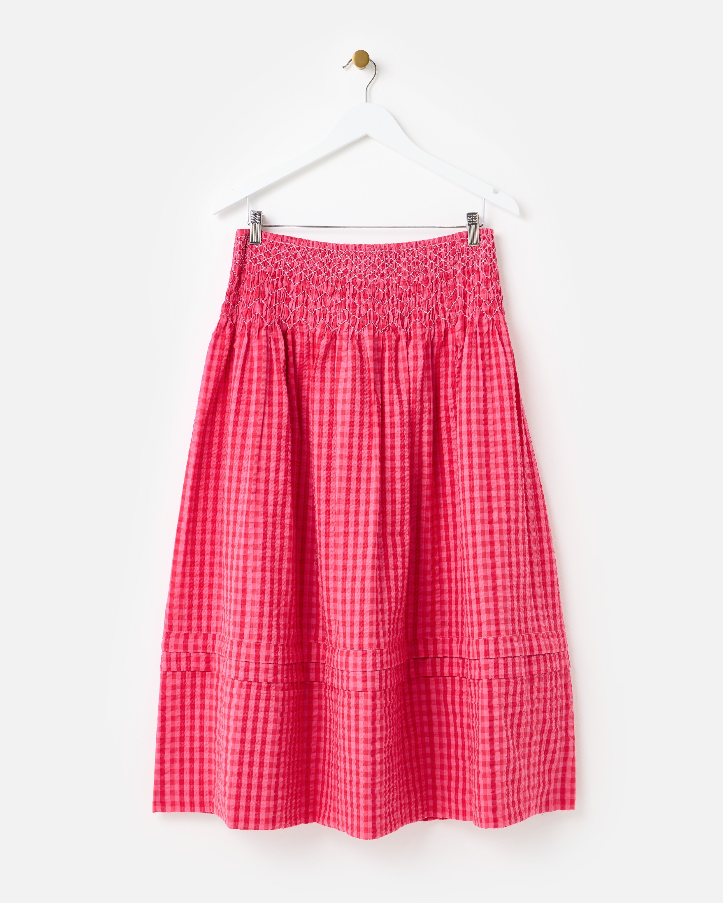 Red & Pink Gingham Shirred Waist Midi Skirt | Oliver Bonas